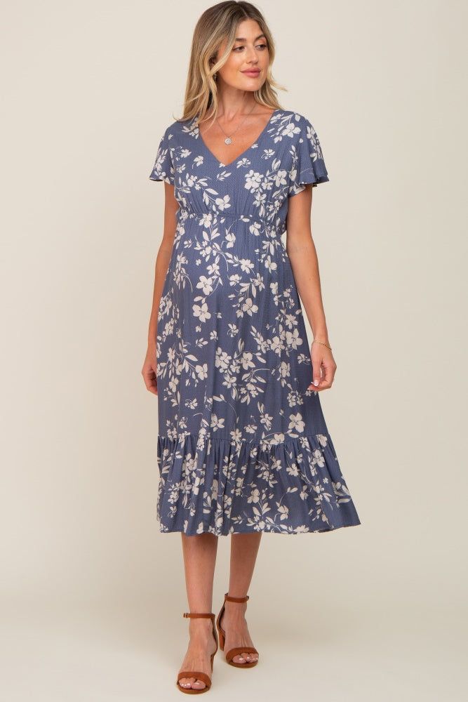 Blue Floral Short Flutter Sleeve Maternity Midi Dress sold by Pinkblush product image thumbnail 4
