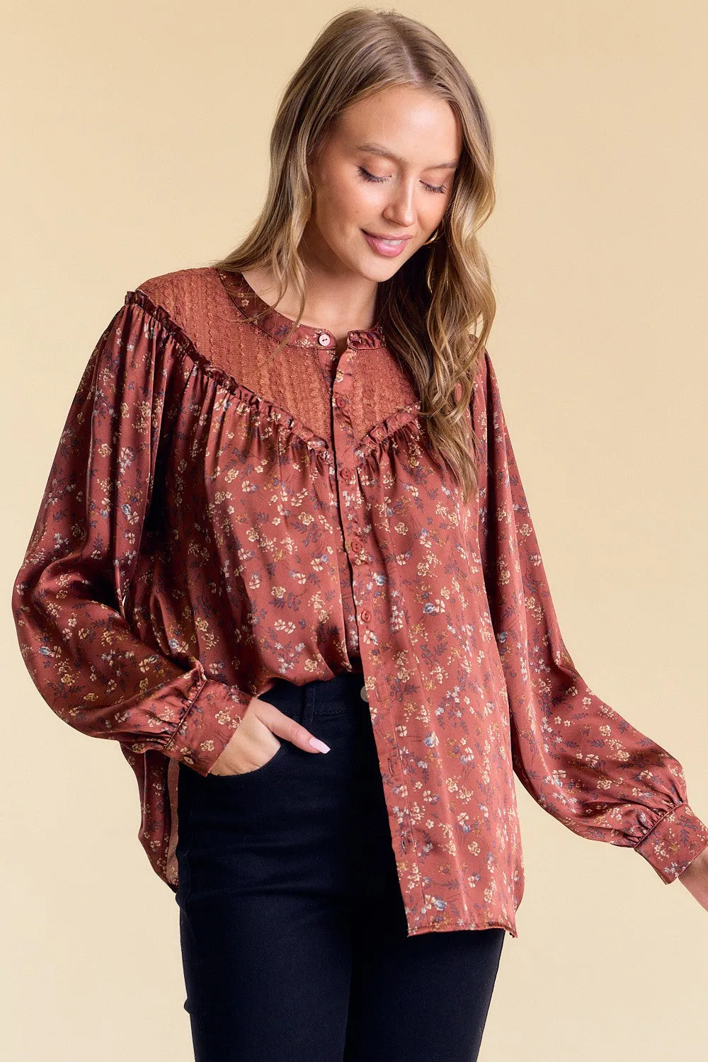Rust Frilled Floral Blouse sold by Pinkblush