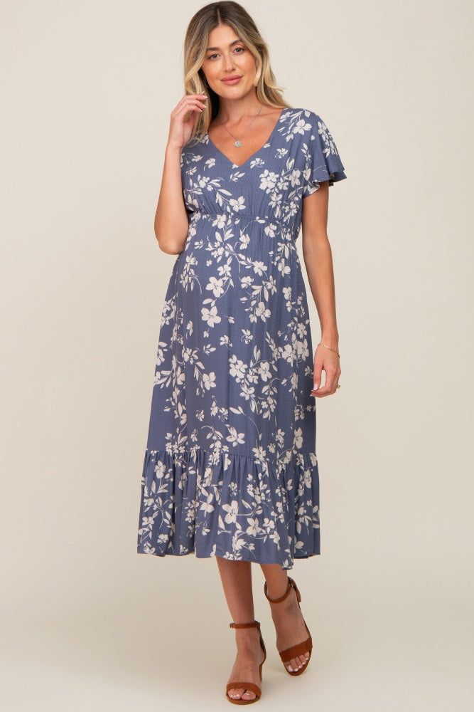 Blue Floral Short Flutter Sleeve Maternity Midi Dress sold by Pinkblush