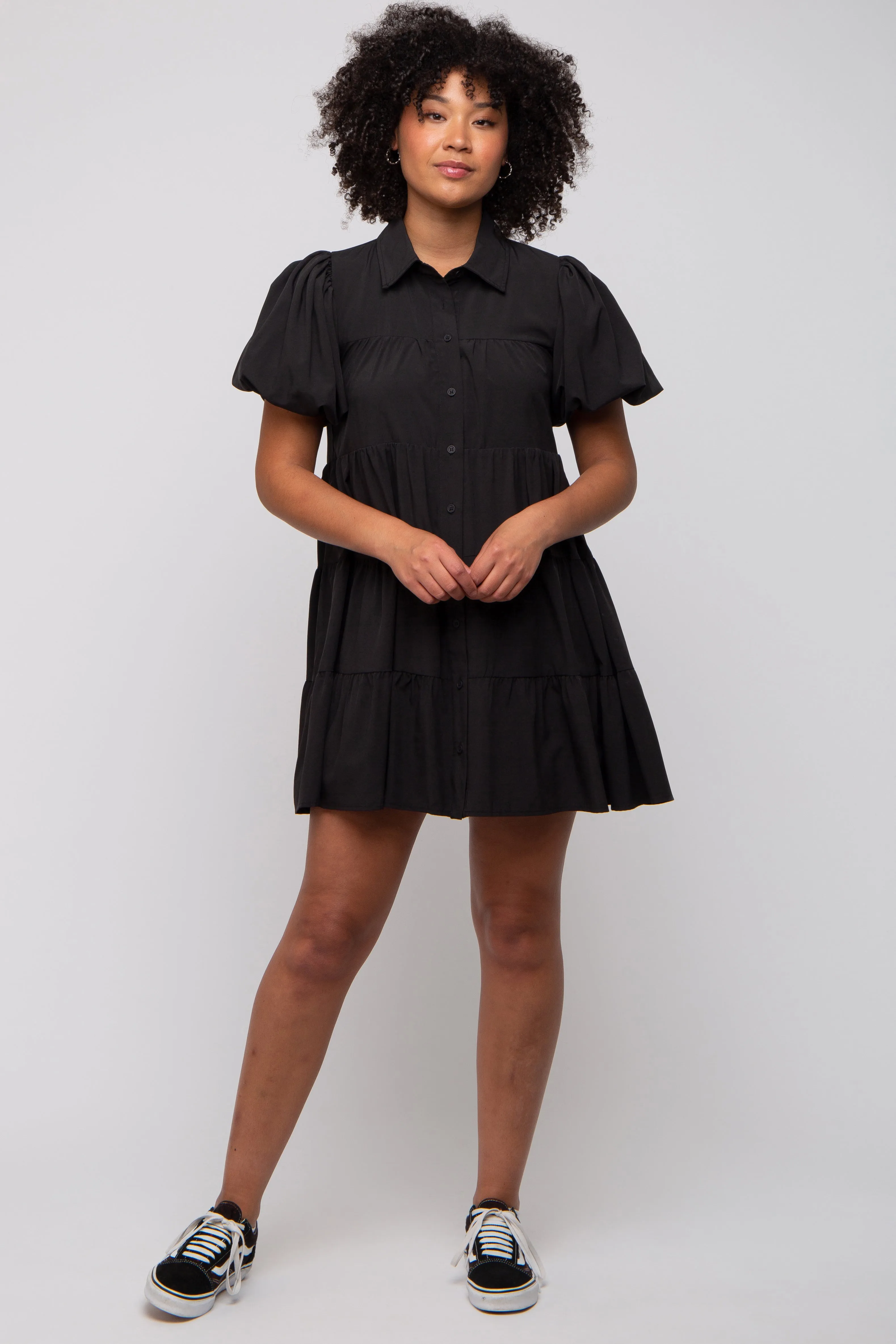 Black Puff Sleeve Maternity Mini Shirt Dress sold by Pinkblush product image thumbnail 4