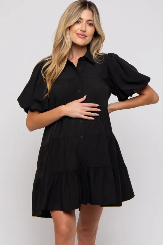Black Puff Sleeve Maternity Mini Shirt Dress sold by Pinkblush