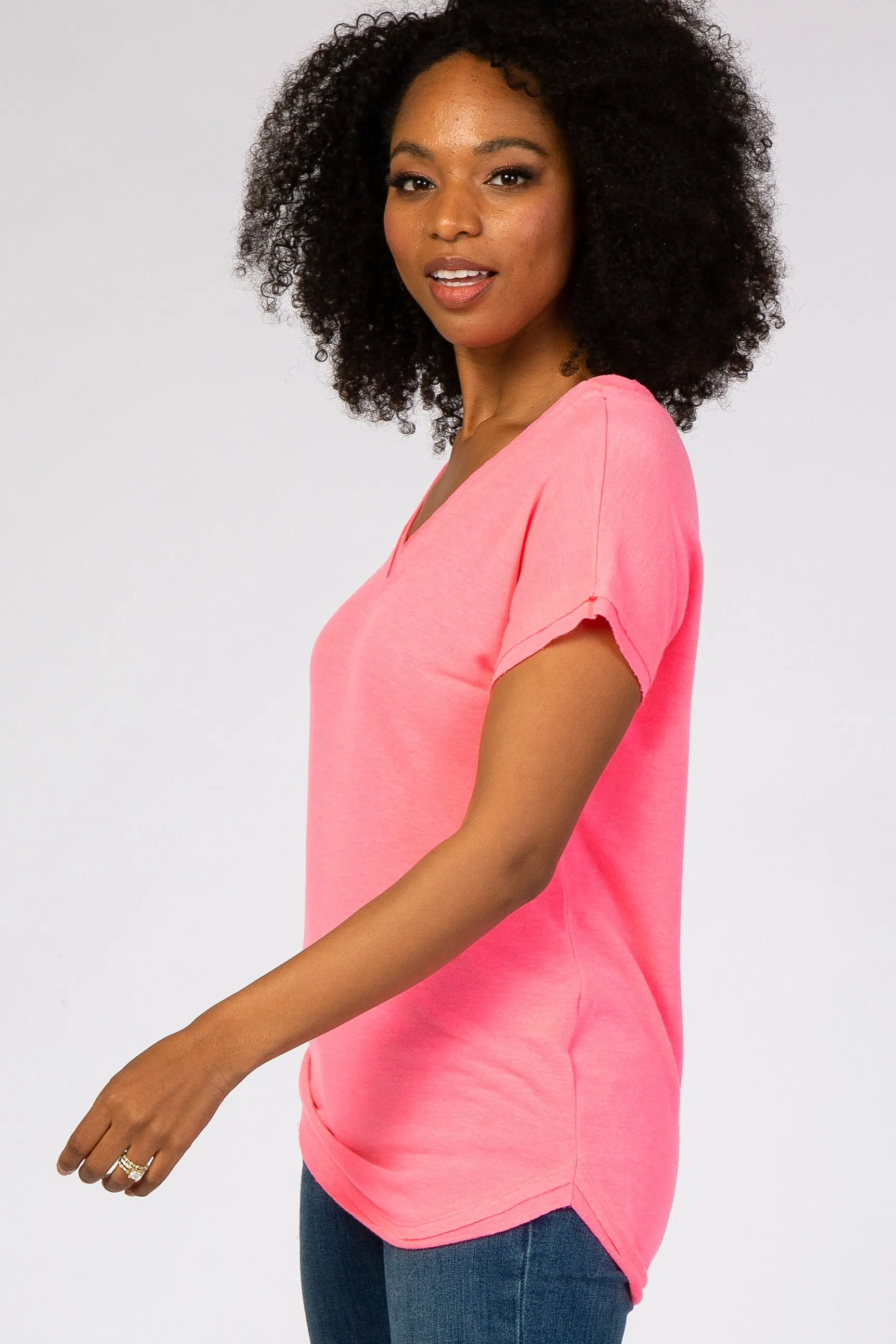Neon Pink V-Neck Raw Hem Short Sleeve Top sold by Pinkblush product image thumbnail 2