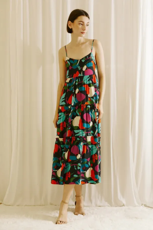 Black Printed Tiered Midi Dress sold by Pinkblush