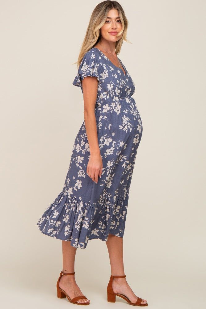 Blue Floral Short Flutter Sleeve Maternity Midi Dress sold by Pinkblush product image thumbnail 2
