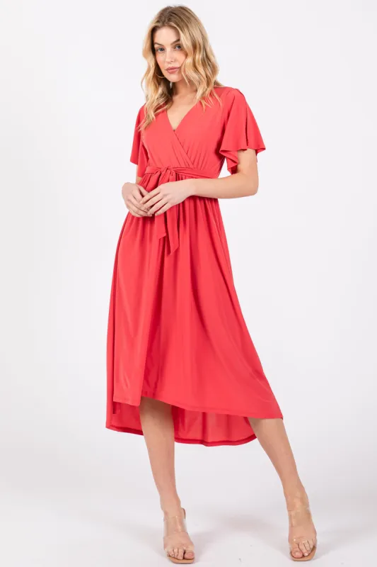 Coral Flutter Sleeve Waist Tie Nursing Dress sold by Pinkblush