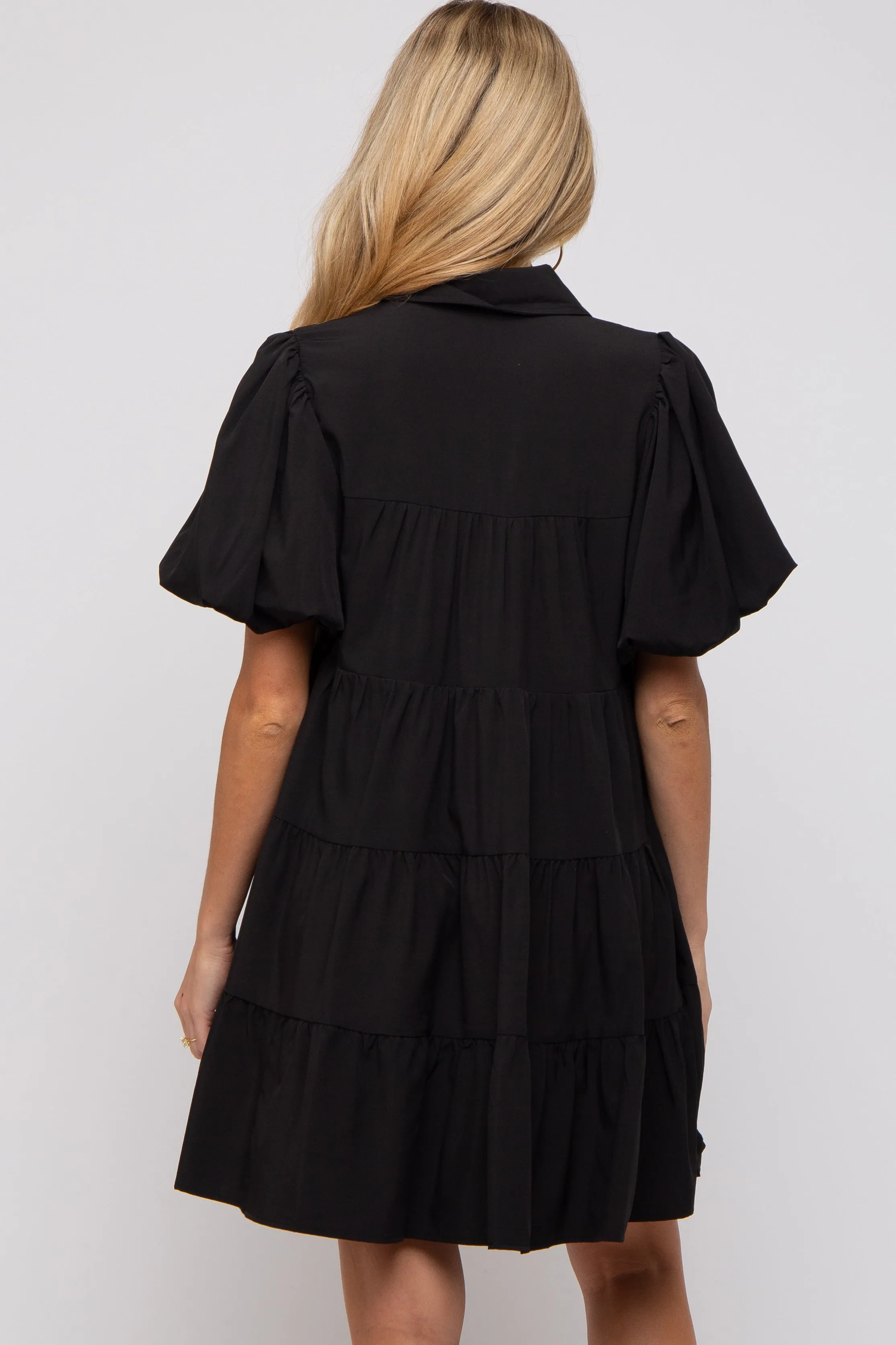 Black Puff Sleeve Maternity Mini Shirt Dress sold by Pinkblush product image thumbnail 2