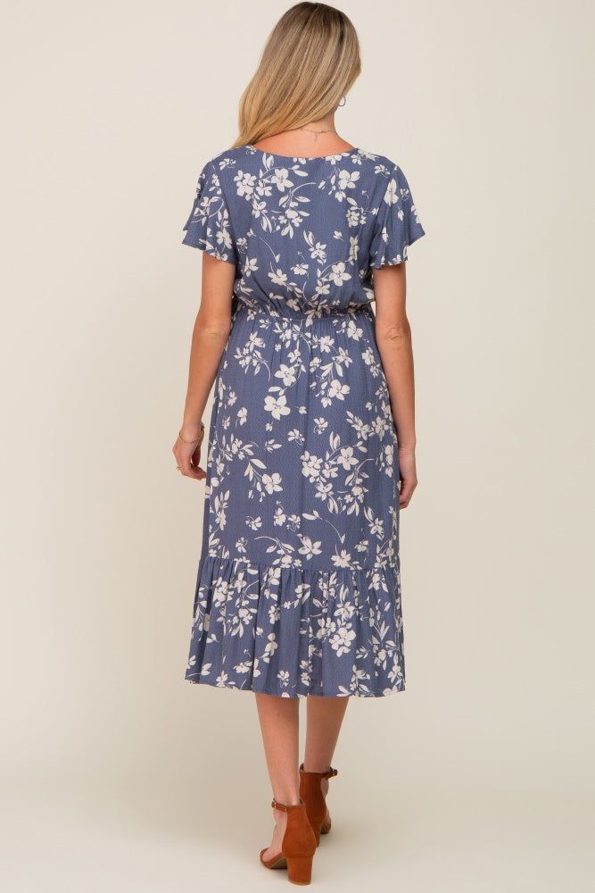 Blue Floral Short Flutter Sleeve Maternity Midi Dress sold by Pinkblush product image thumbnail 3
