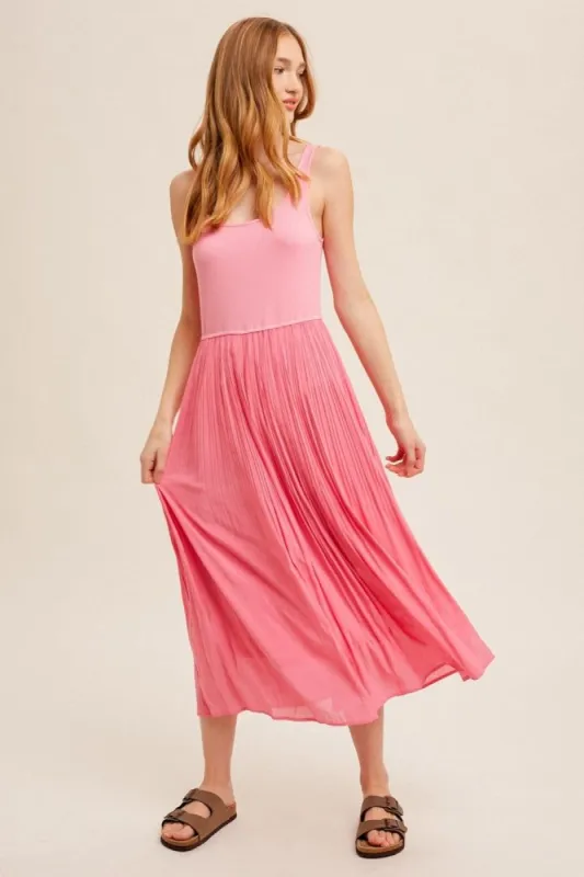 Pink Scoop Neck Pleated Skirt Tank Dress sold by Pinkblush
