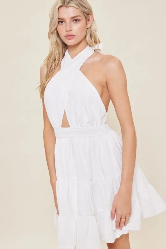Off White Halter Neck Tiered Mini Dress sold by Pinkblush