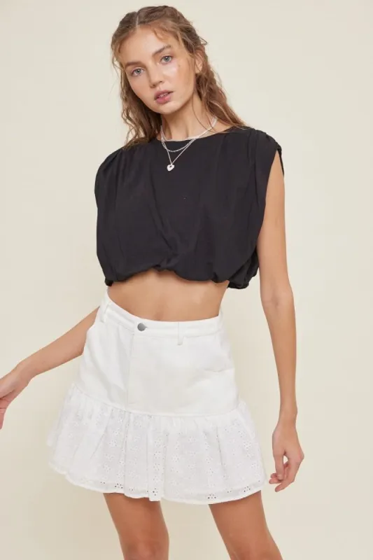 Black Ruched Shoulder Bubble Hem Crop Top sold by Pinkblush