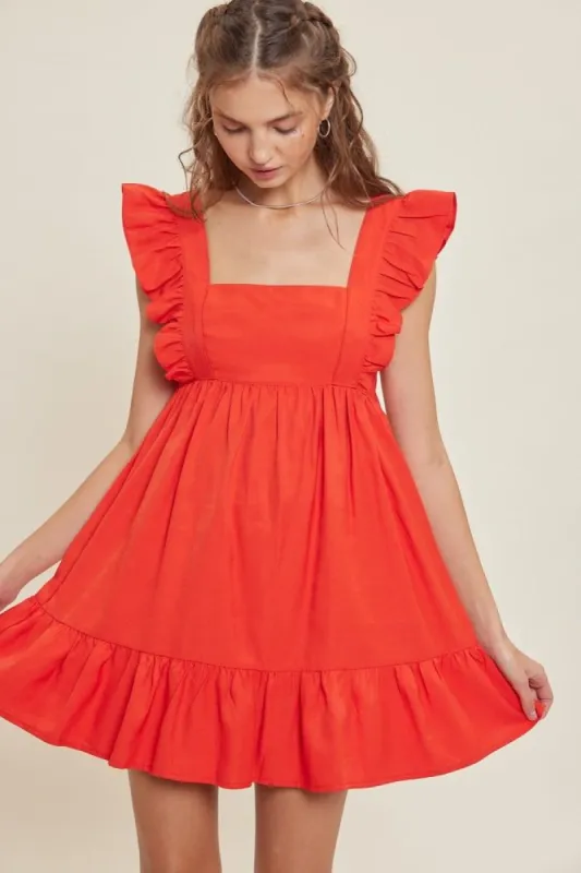 Bright Red Open Back Bow Detail Ruffle Square Neck Mini Dress sold by Pinkblush