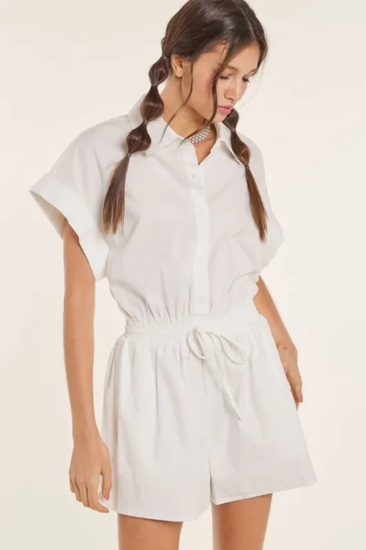 Off White Poplin Short Sleeve Elastic Waist Romper sold by Pinkblush