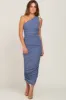 Blue Ribbed One Shoulder Ruched Maternity Midi Dress sold by Pinkblush