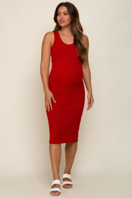 Red Ribbed Fitted Maternity Midi Dress sold by Pinkblush