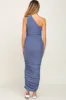 Blue Ribbed One Shoulder Ruched Maternity Midi Dress sold by Pinkblush
