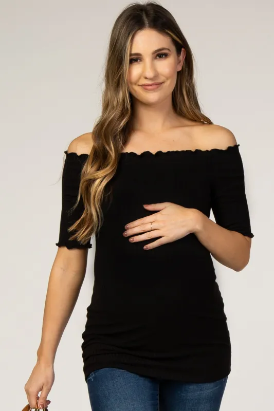Black Off Shoulder Lettuce Maternity Top sold by Pinkblush