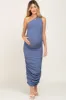 Blue Ribbed One Shoulder Ruched Maternity Midi Dress sold by Pinkblush