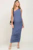 Blue Ribbed One Shoulder Ruched Maternity Midi Dress sold by Pinkblush