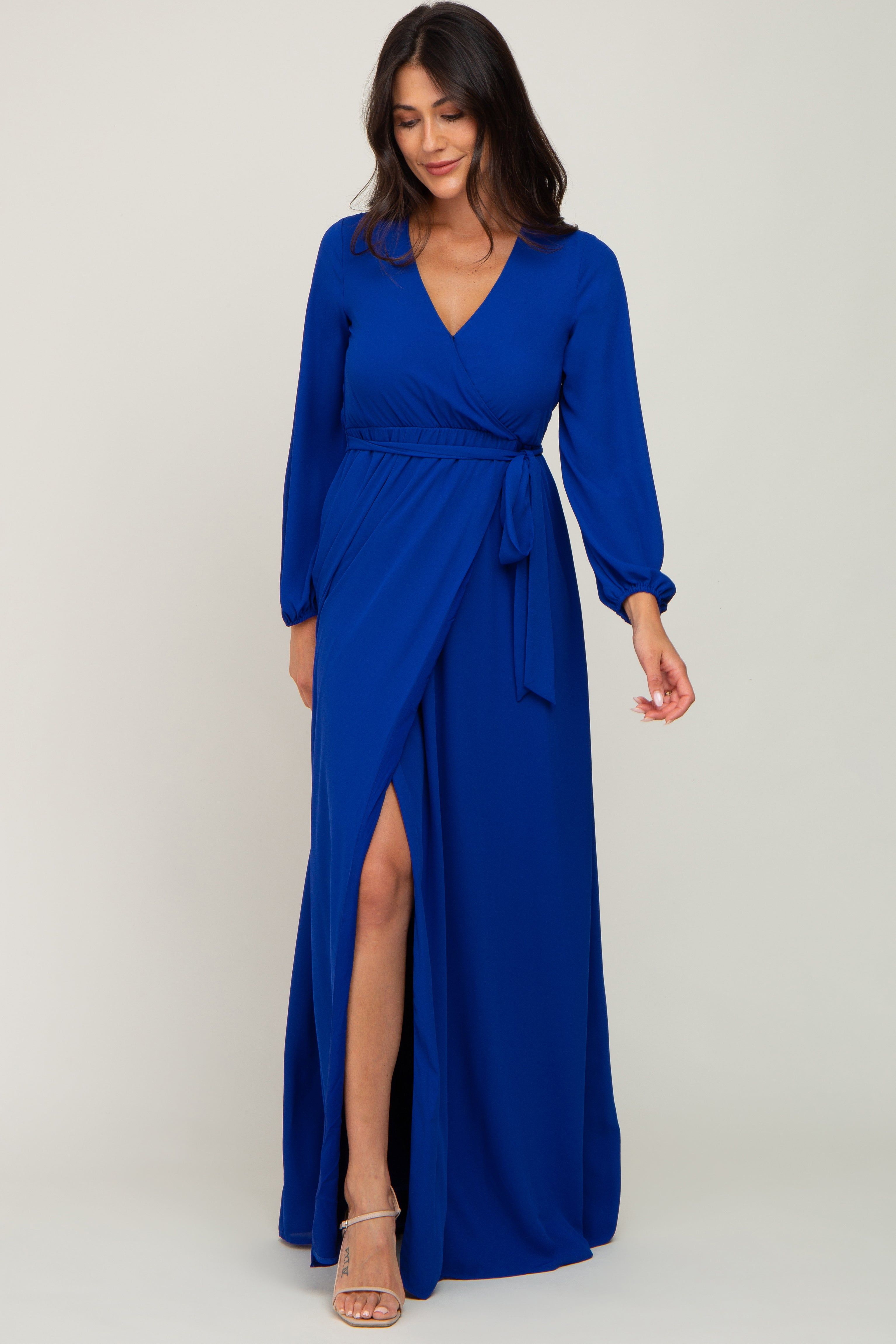 Royal Blue Wrap Front Chiffon Gown sold by Pinkblush