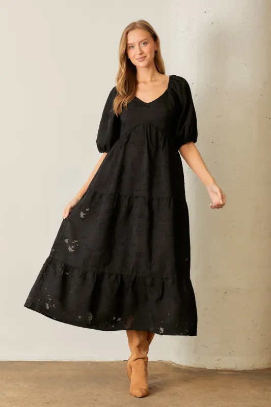 Black Floral Textured Tiered Midi Dress sold by Pinkblush