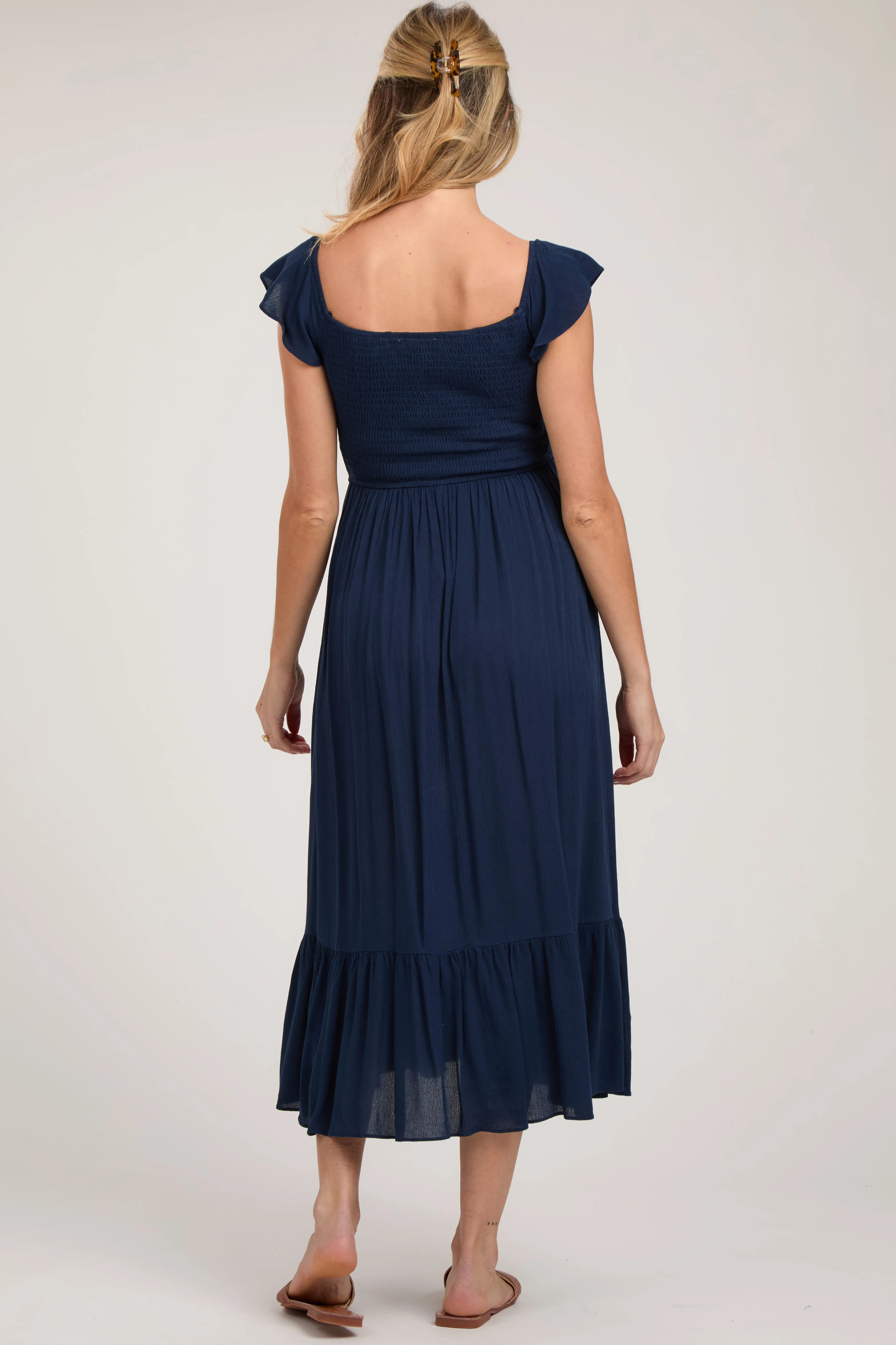 Navy Smocked Ruched Ruffle Hem Maternity Maxi Dress sold by Pinkblush product image thumbnail 4