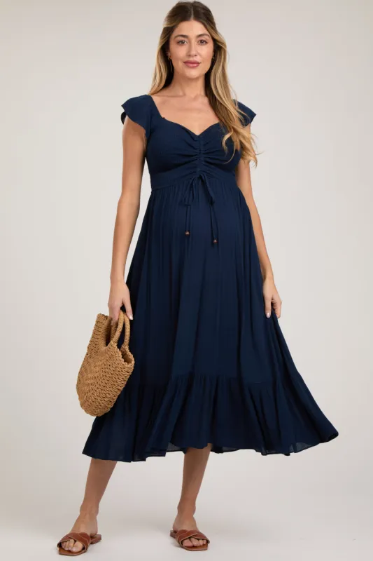 Navy Smocked Ruched Ruffle Hem Maternity Maxi Dress sold by Pinkblush