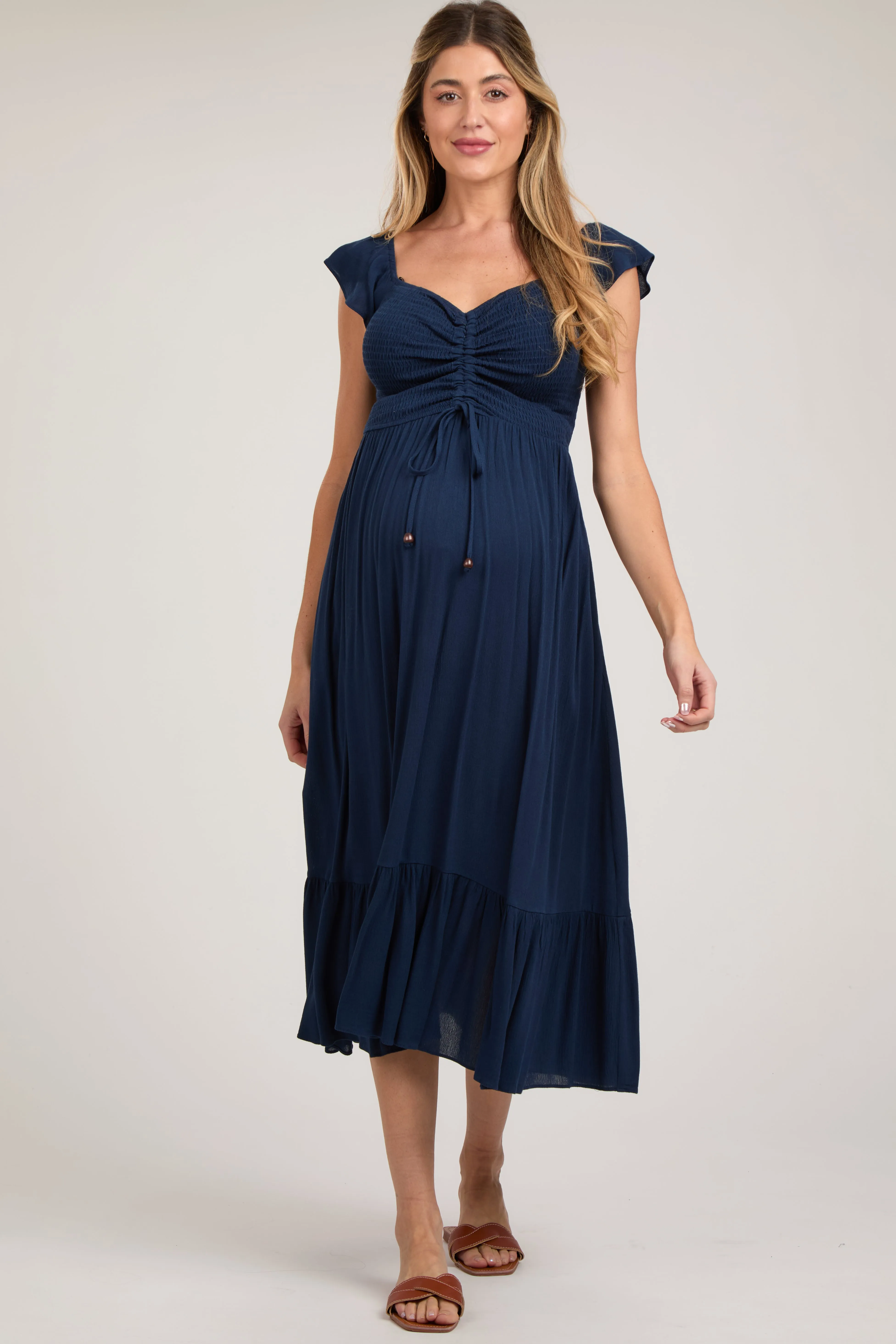 Navy Smocked Ruched Ruffle Hem Maternity Maxi Dress sold by Pinkblush product image thumbnail 2