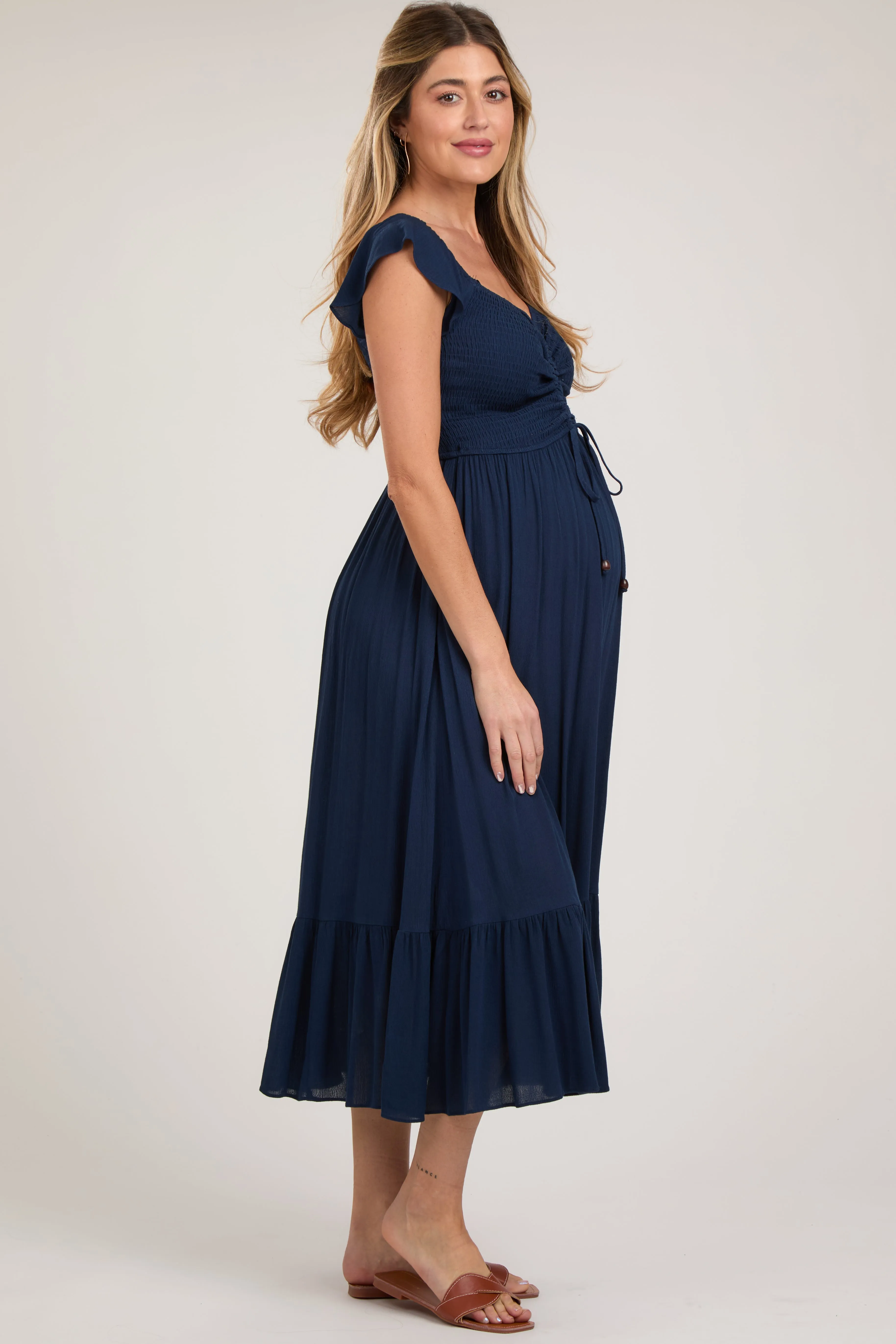 Navy Smocked Ruched Ruffle Hem Maternity Maxi Dress sold by Pinkblush product image thumbnail 3