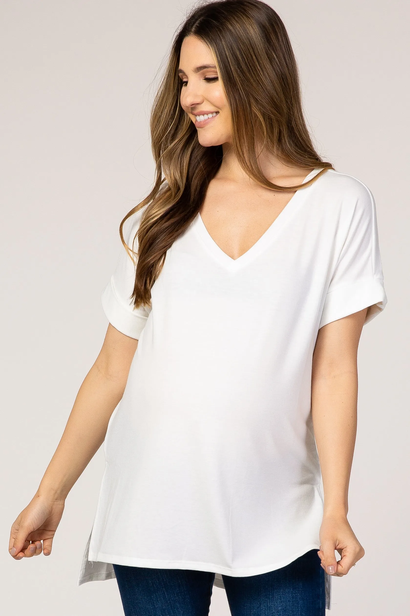 White V-Neck Cuffed Short Sleeve Maternity Top sold by Pinkblush