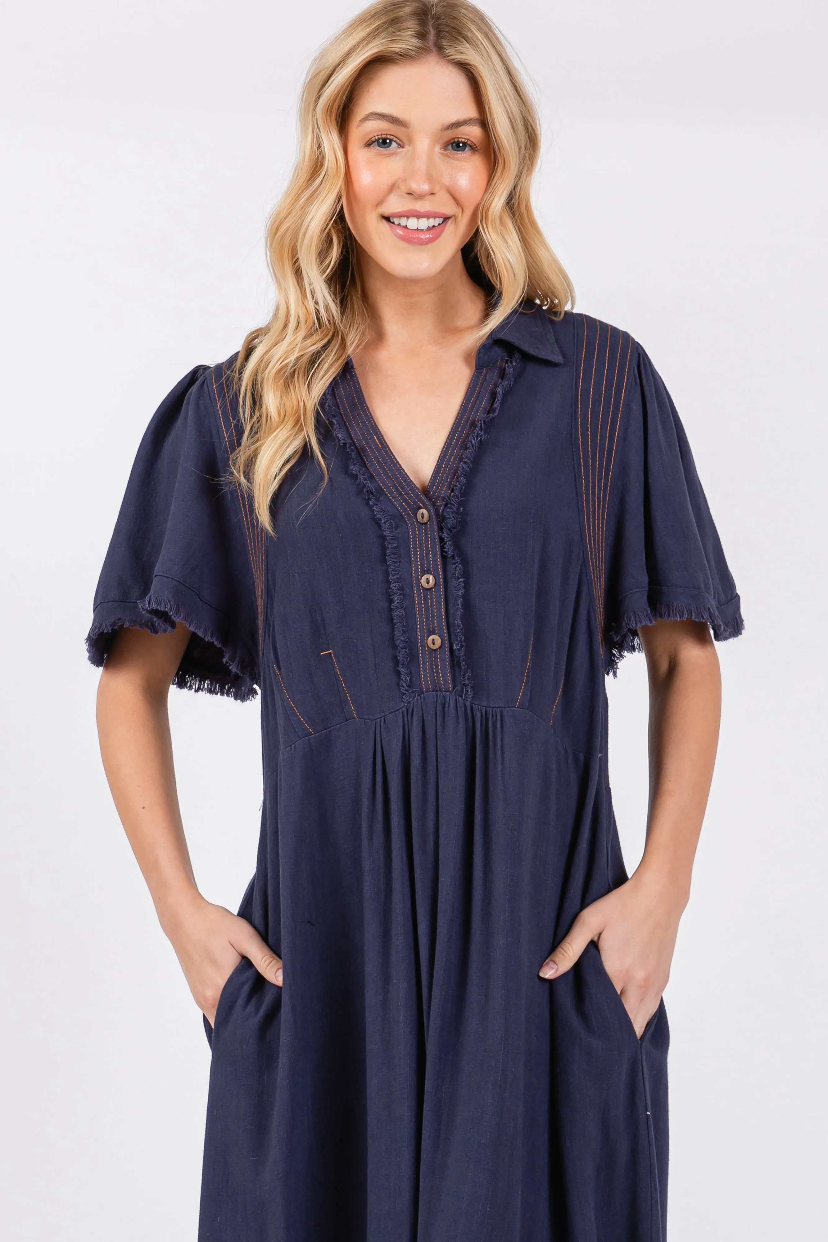 Navy Collared Pocketed Midi Dress sold by Pinkblush product image thumbnail 4