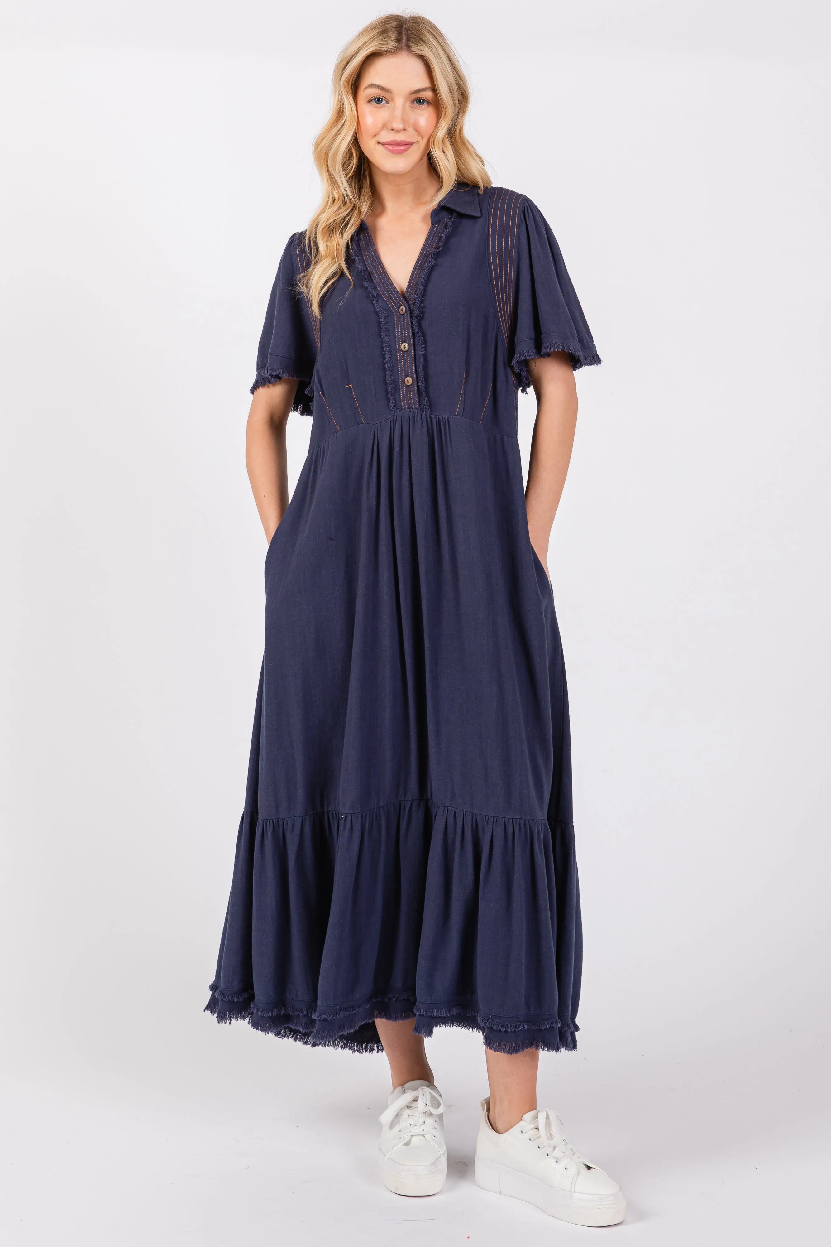 Navy Collared Pocketed Midi Dress sold by Pinkblush