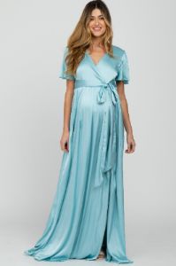 Light Blue Side Slit Satin Maternity Maxi Dress sold by Pinkblush