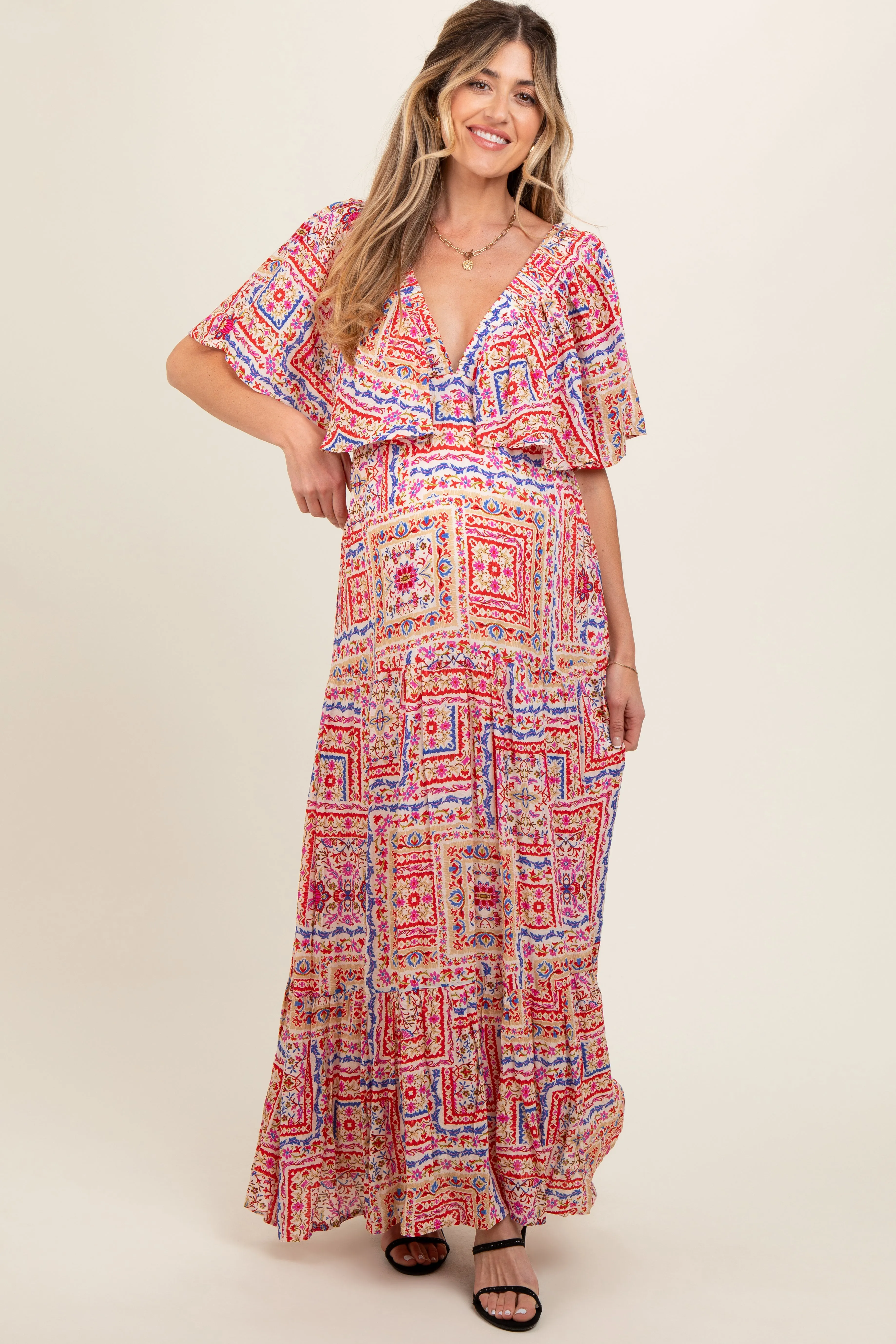 Multicolor Floral Deep V-Neck Tiered Maternity Maxi Dress sold by Pinkblush