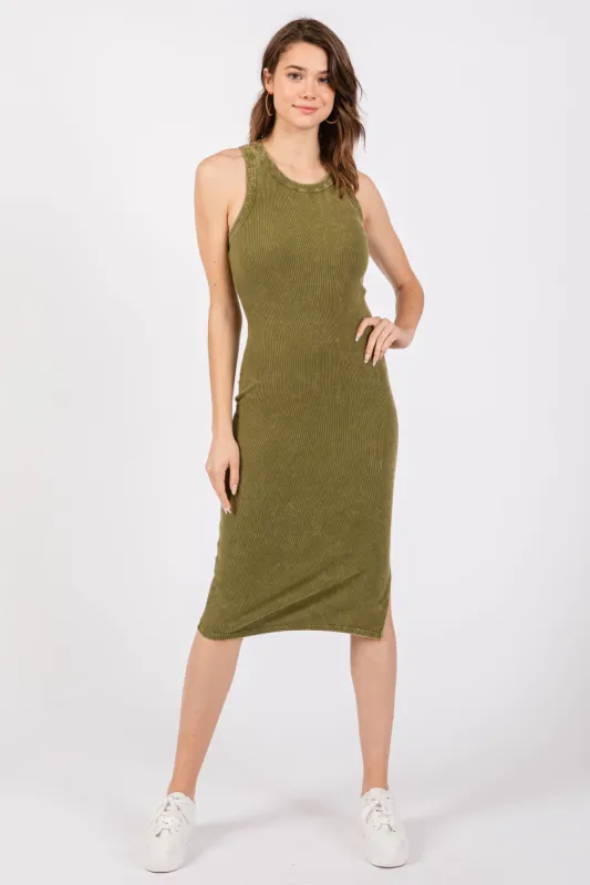Green Acid Wash Ribbed Sleeveless Midi Dress sold by Pinkblush