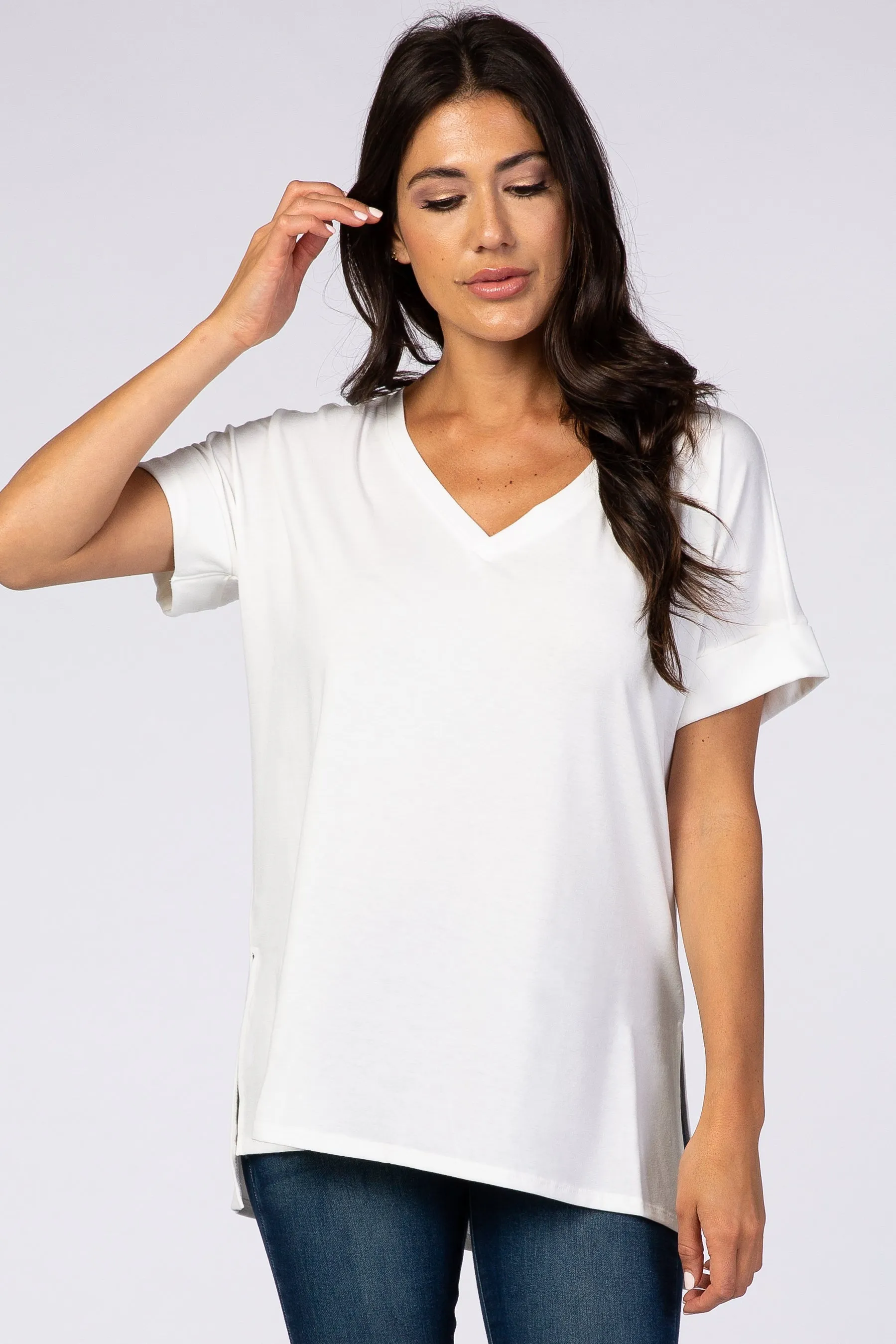 White V-Neck Cuffed Short Sleeve Maternity Top sold by Pinkblush product image thumbnail 5