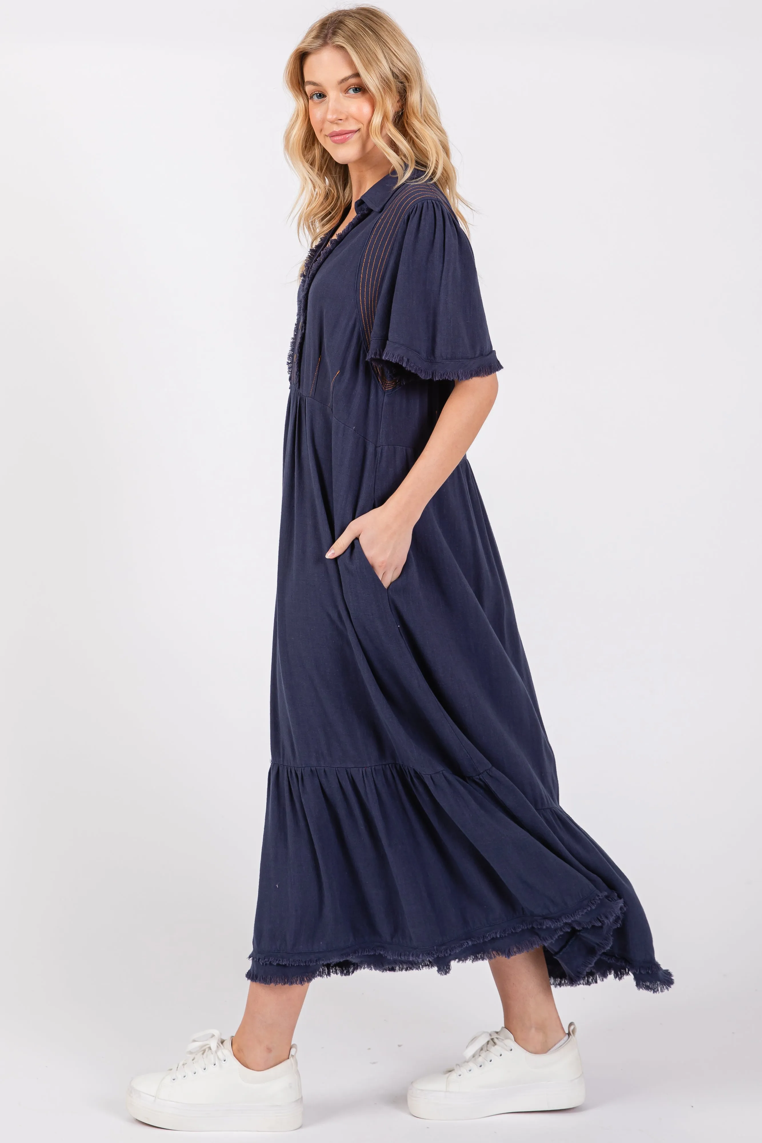 Navy Collared Pocketed Midi Dress sold by Pinkblush product image thumbnail 2