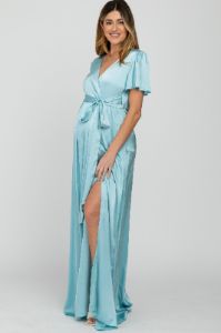 Light Blue Side Slit Satin Maternity Maxi Dress sold by Pinkblush