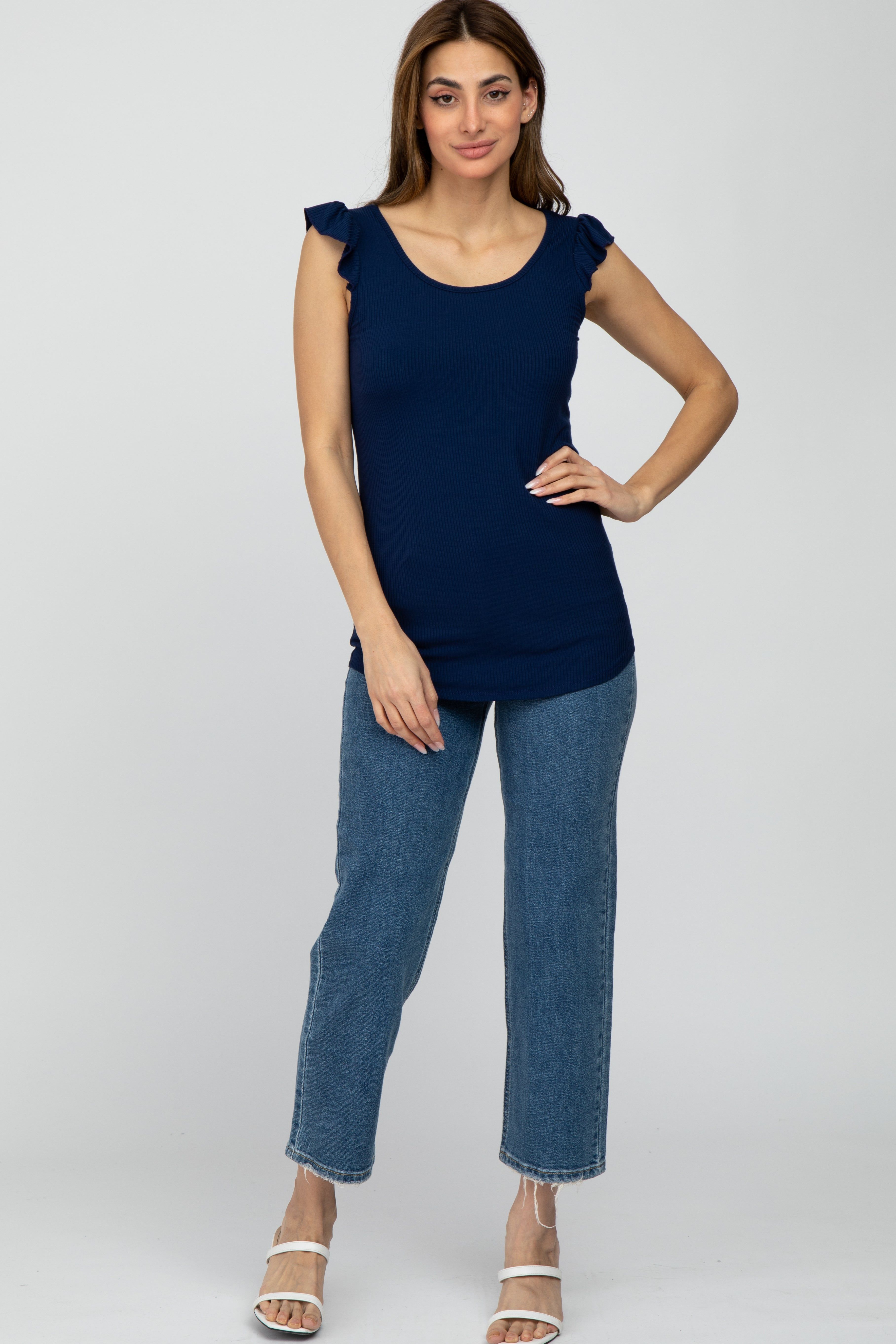 Navy Blue Ribbed Ruffle Shoulder Tank Top sold by Pinkblush product image thumbnail 2