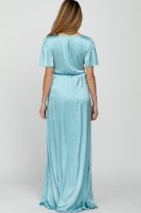 Light Blue Side Slit Satin Maternity Maxi Dress sold by Pinkblush
