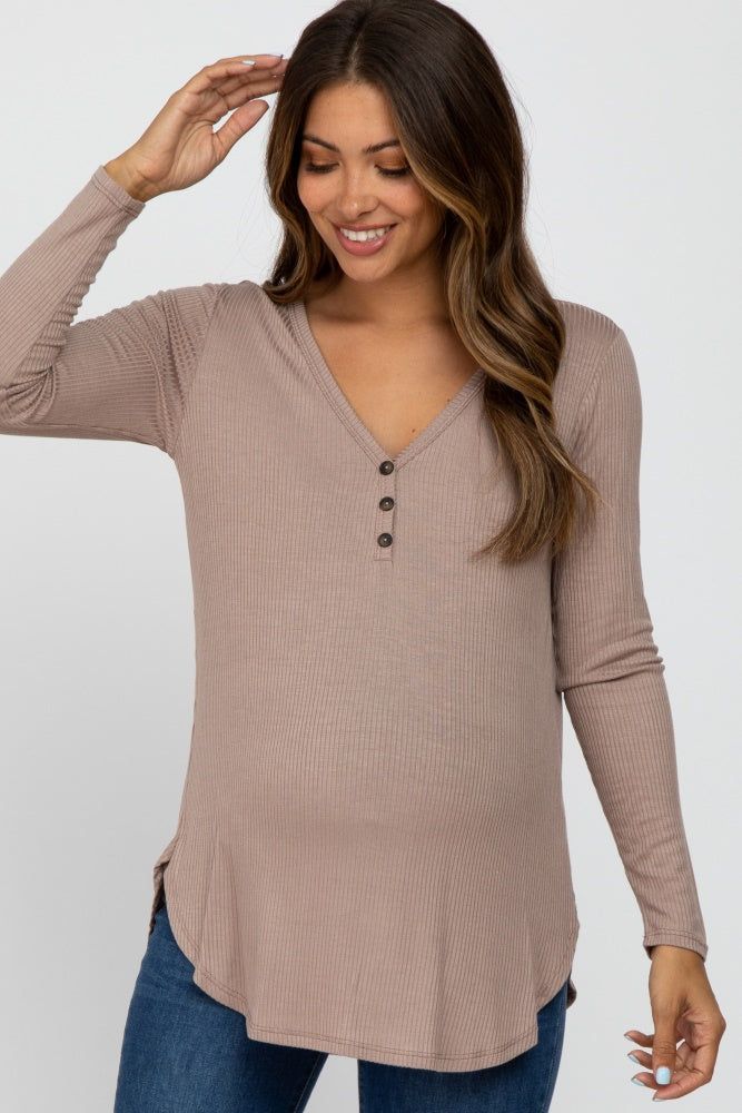 Mocha Button Accent Long Sleeve Maternity Top sold by Pinkblush
