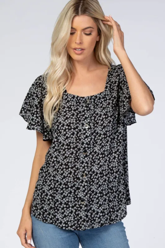 Black Floral Button Down Top sold by Pinkblush