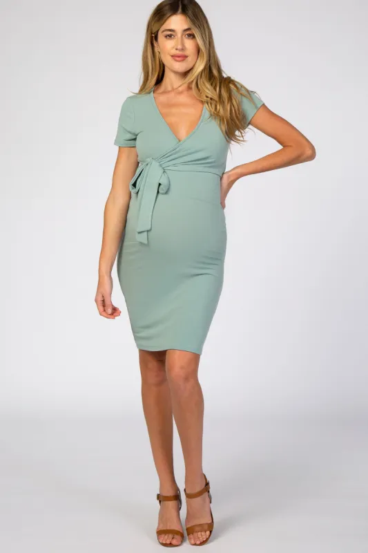 Mint Knit Wrap Fitted Maternity/Nursing Dress sold by Pinkblush