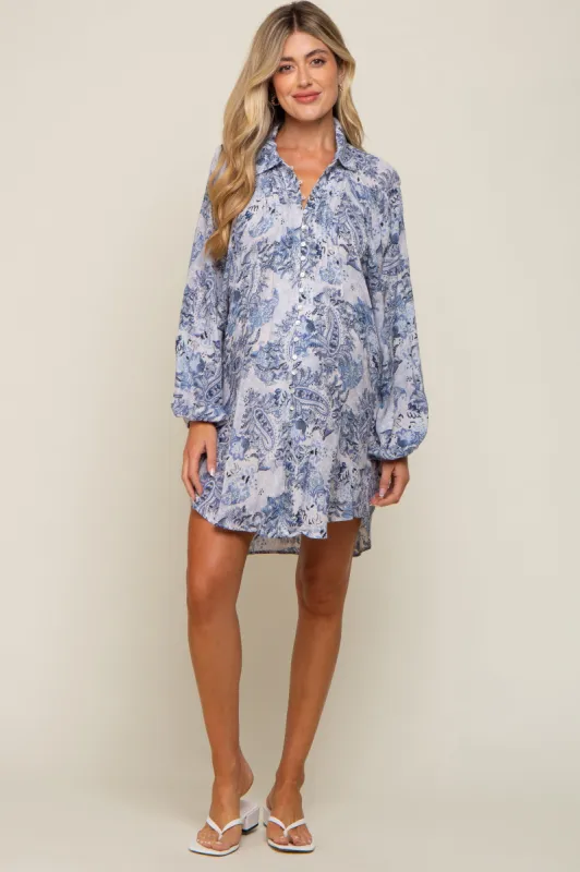 Blue Paisley Print Button Down Long Sleeve Maternity Dress sold by Pinkblush