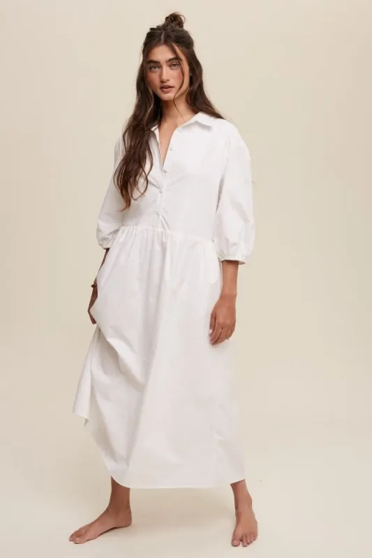 White Button Front Puff Sleeve Babydoll Maxi Dress sold by Pinkblush
