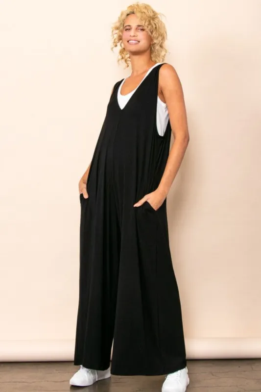 Black Deep V Sleeveless Wide Leg Jumpsuit sold by Pinkblush