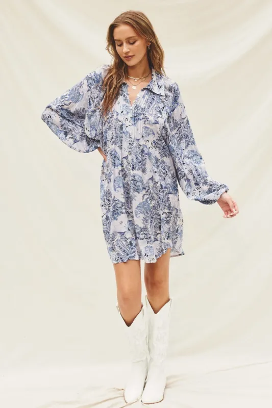 Blue Paisley Print Button Down Long Sleeve Dress sold by Pinkblush