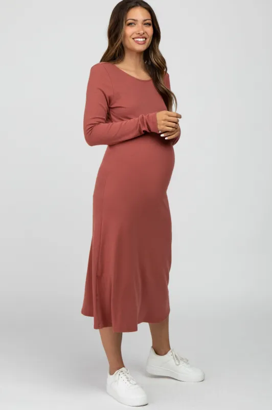 Mauve Solid Long Sleeve Maternity Dress sold by Pinkblush