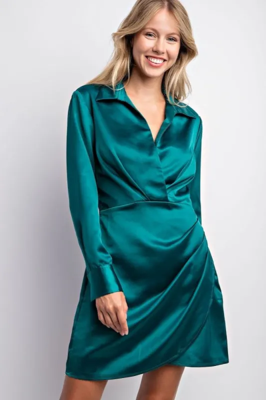 Hunter Green Ruched Wrap Mini Satin Mini Dress sold by Pinkblush