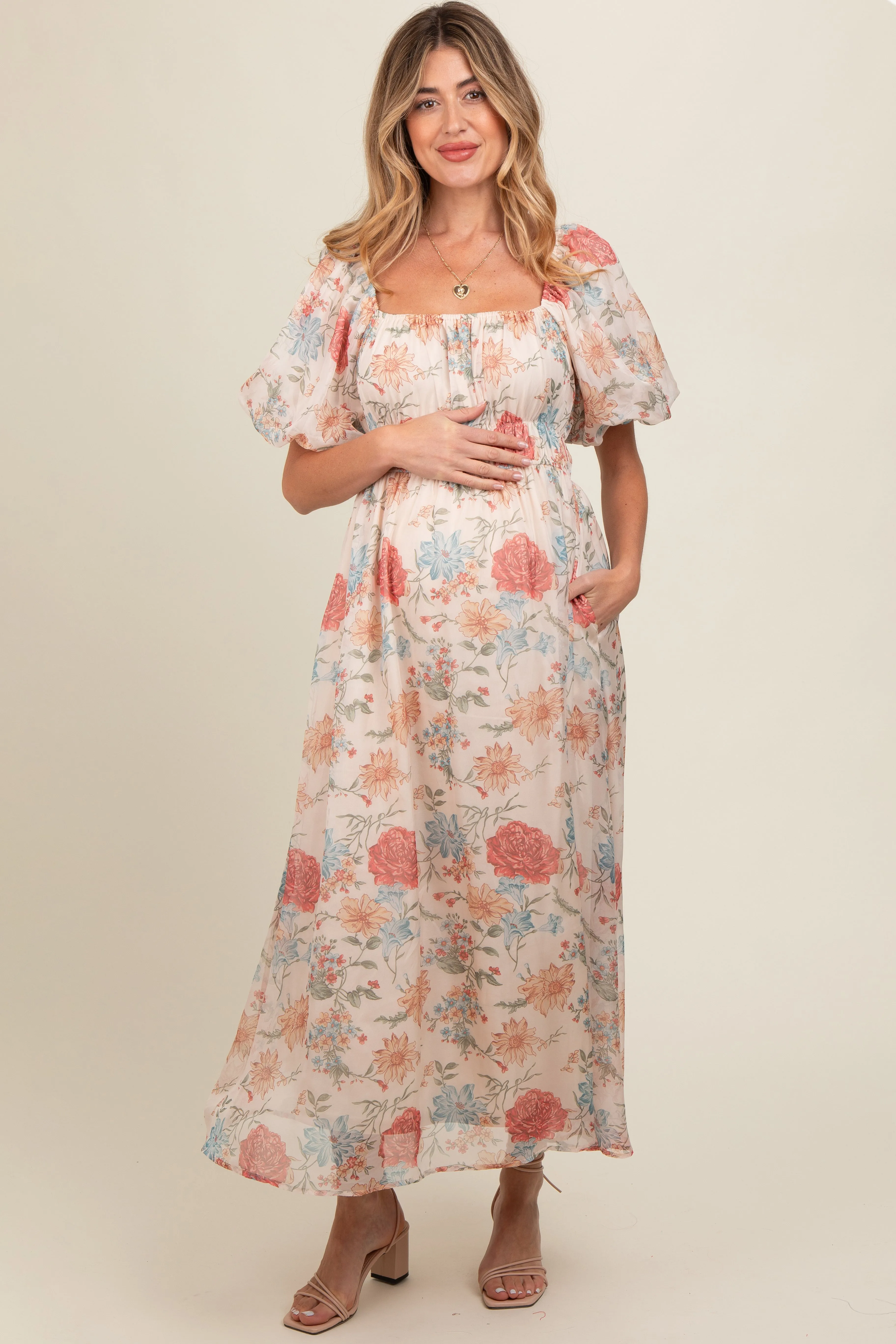 Cream Blue Floral Chiffon Puff Sleeve Maternity Midi Dress sold by Pinkblush product image thumbnail 2