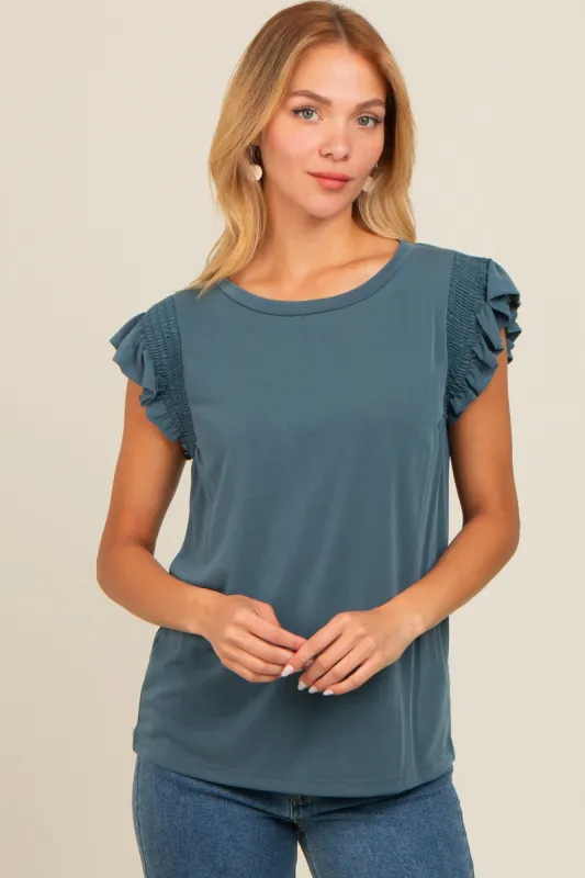 Deep Teal Smocked Ruffle Sleeve Top sold by Pinkblush